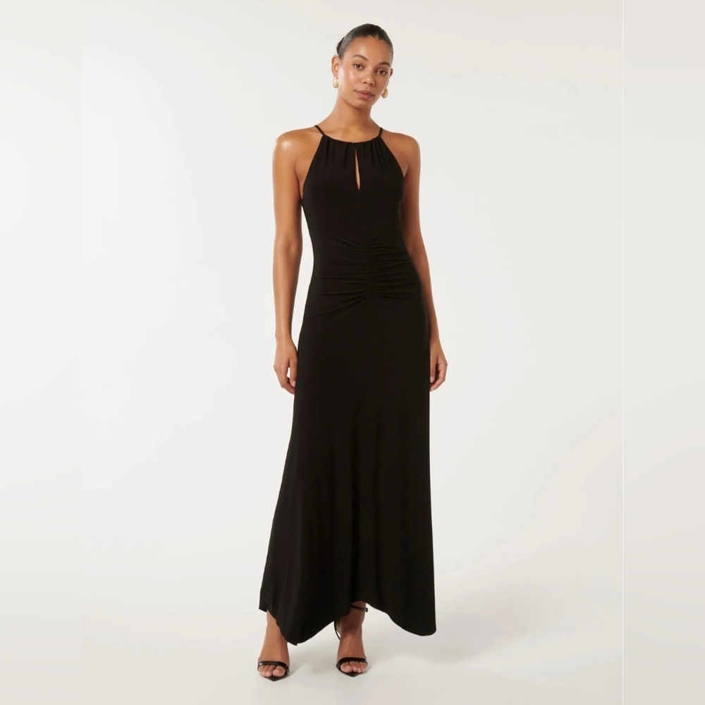 BNWT Ever New Whitney Gathered Black Halter Maxi Dress 4 Ruched Waist Wedding